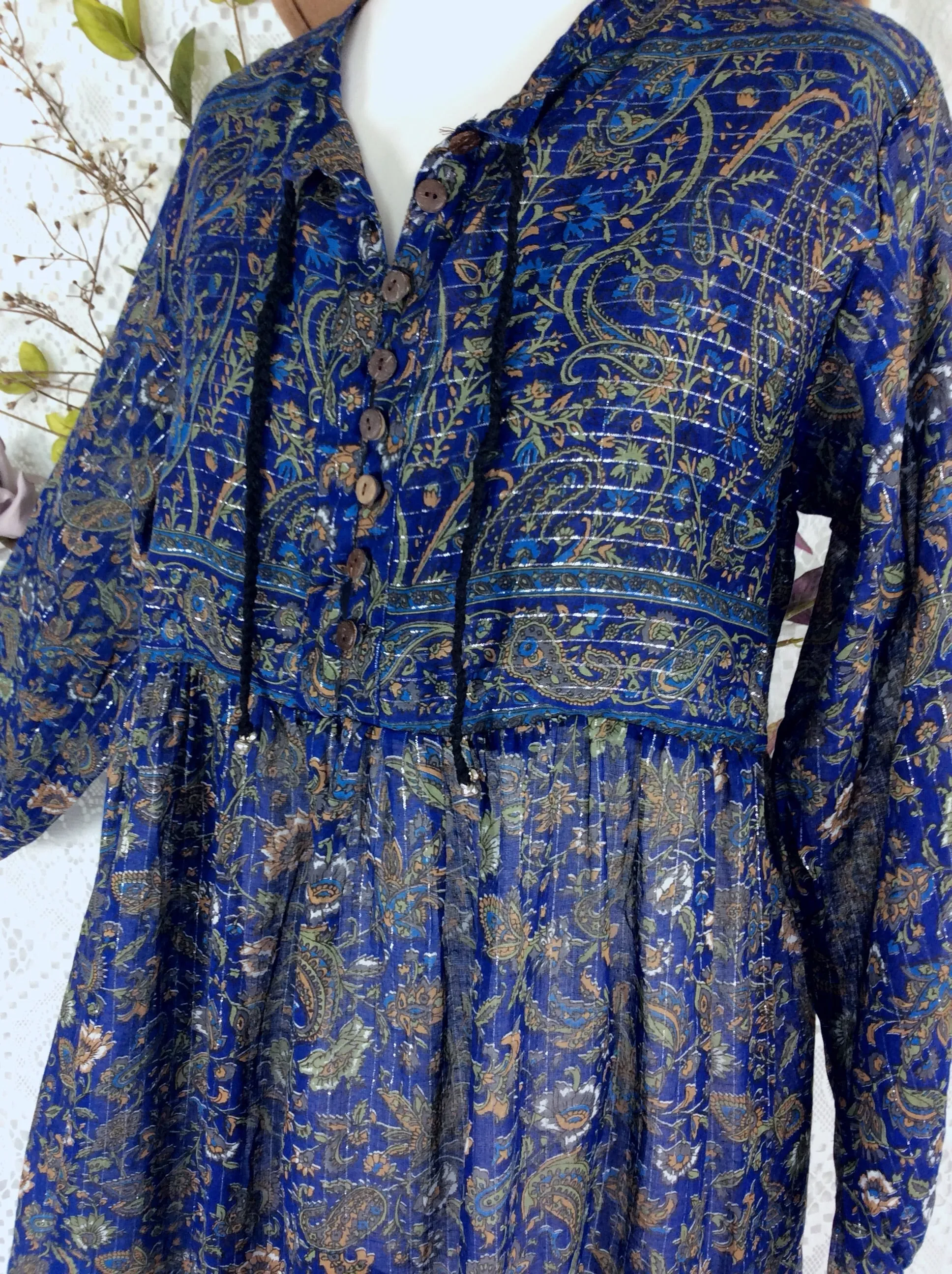 SALE Florence Dress - Sparkly Indian Cotton Smock Dress - Midnight Blue & Sage - Size S/M