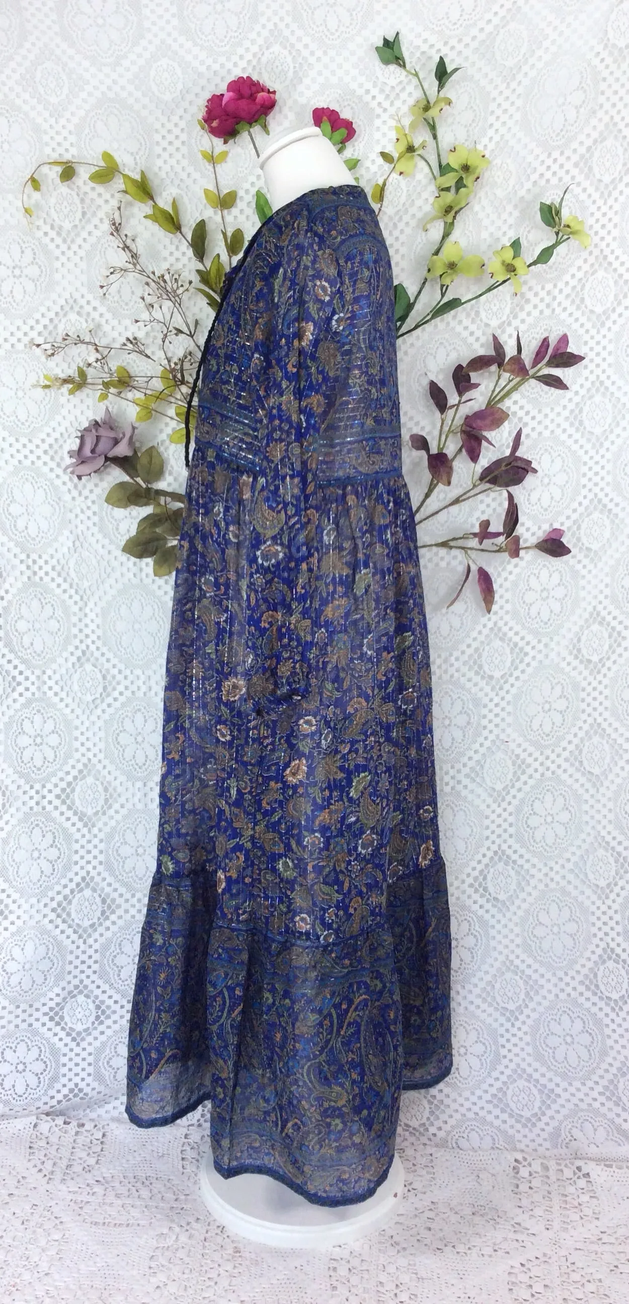 SALE Florence Dress - Sparkly Indian Cotton Smock Dress - Midnight Blue & Sage - Size S/M