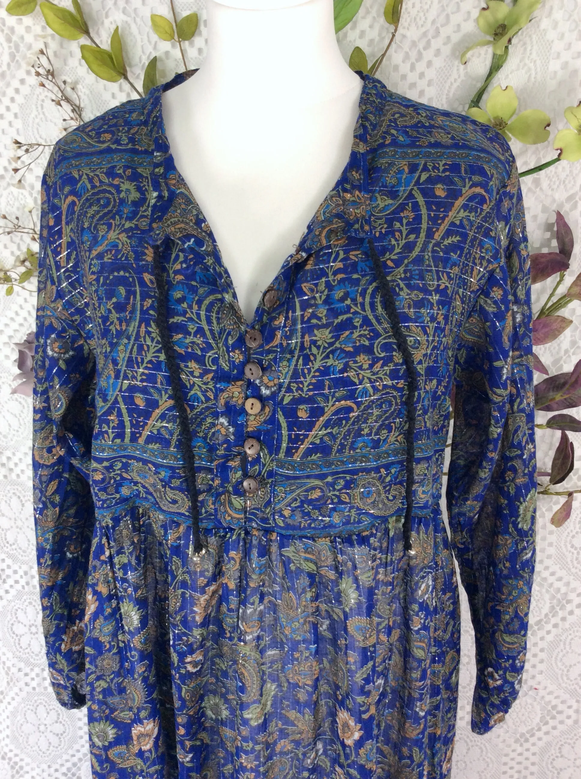 SALE Florence Dress - Sparkly Indian Cotton Smock Dress - Midnight Blue & Sage - Size S/M