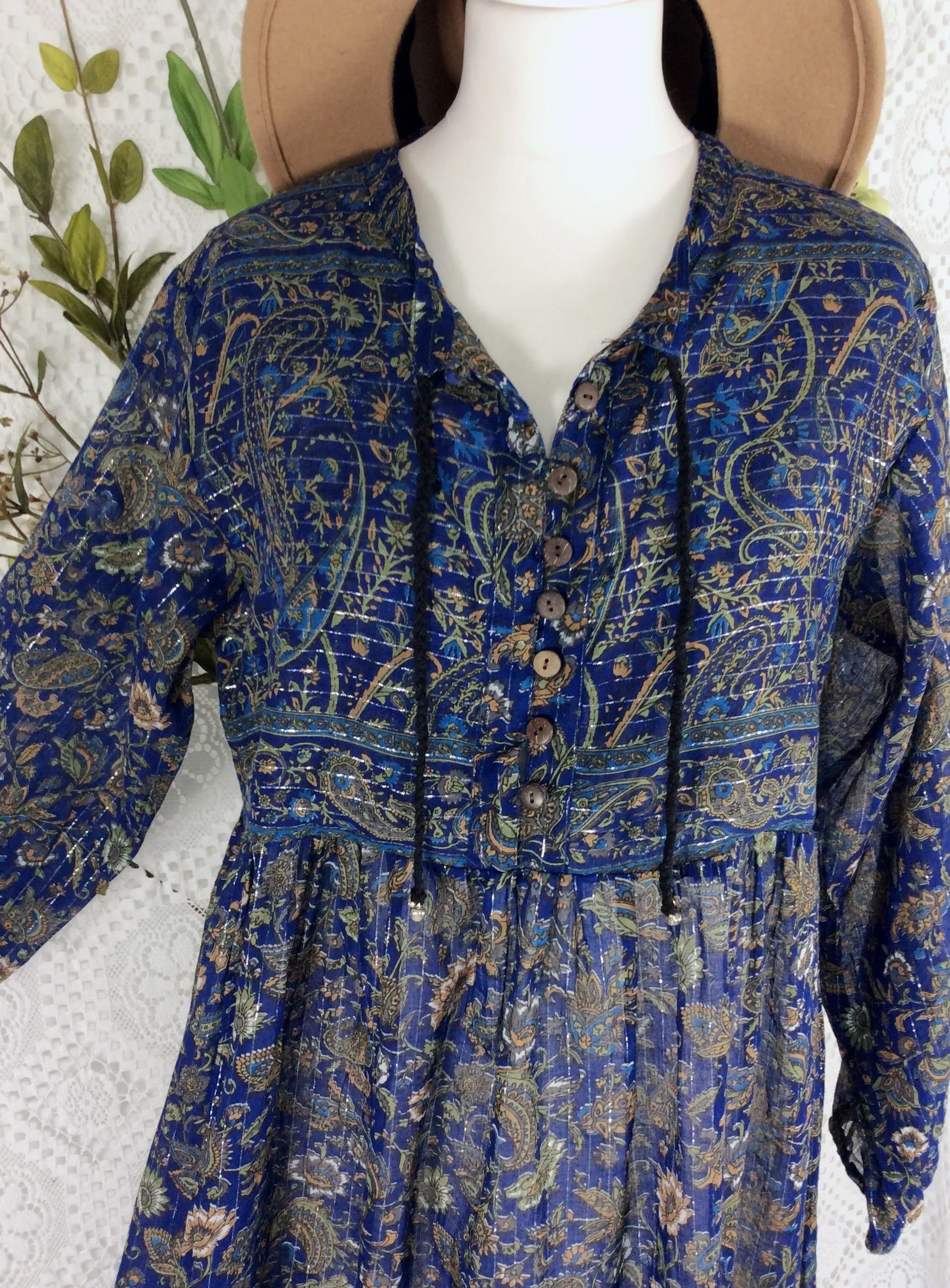 SALE Florence Dress - Sparkly Indian Cotton Smock Dress - Midnight Blue & Sage - Size S/M