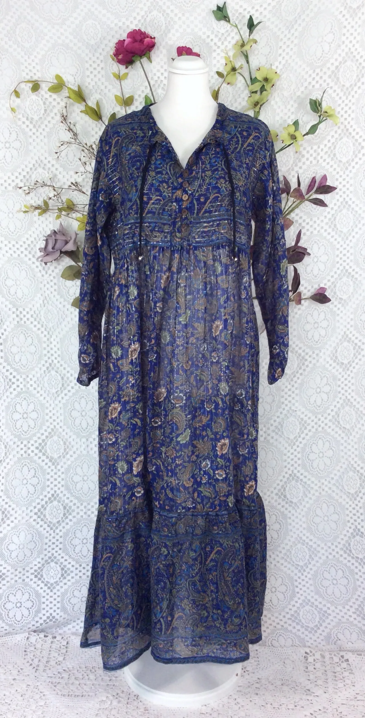 SALE Florence Dress - Sparkly Indian Cotton Smock Dress - Midnight Blue & Sage - Size XS