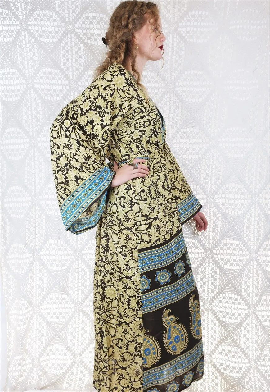 SALE Kahlo Kimono - Cocoa, Cobalt & Tan Sari - Free Size S/M