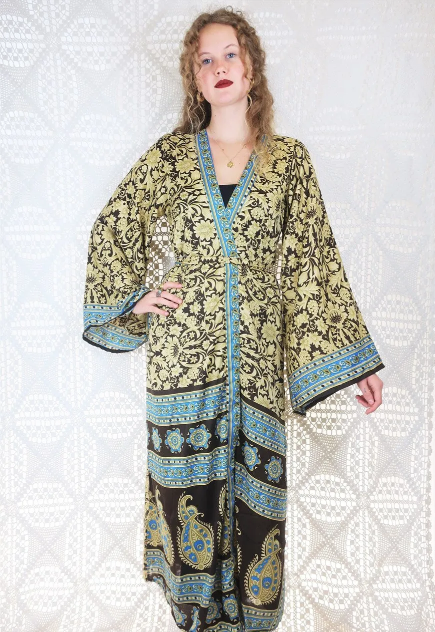 SALE Kahlo Kimono - Cocoa, Cobalt & Tan Sari - Free Size S/M