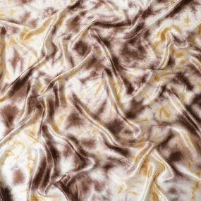 Sand beige premium pure silk satin fabric having tie and die print in abstract design-D10374