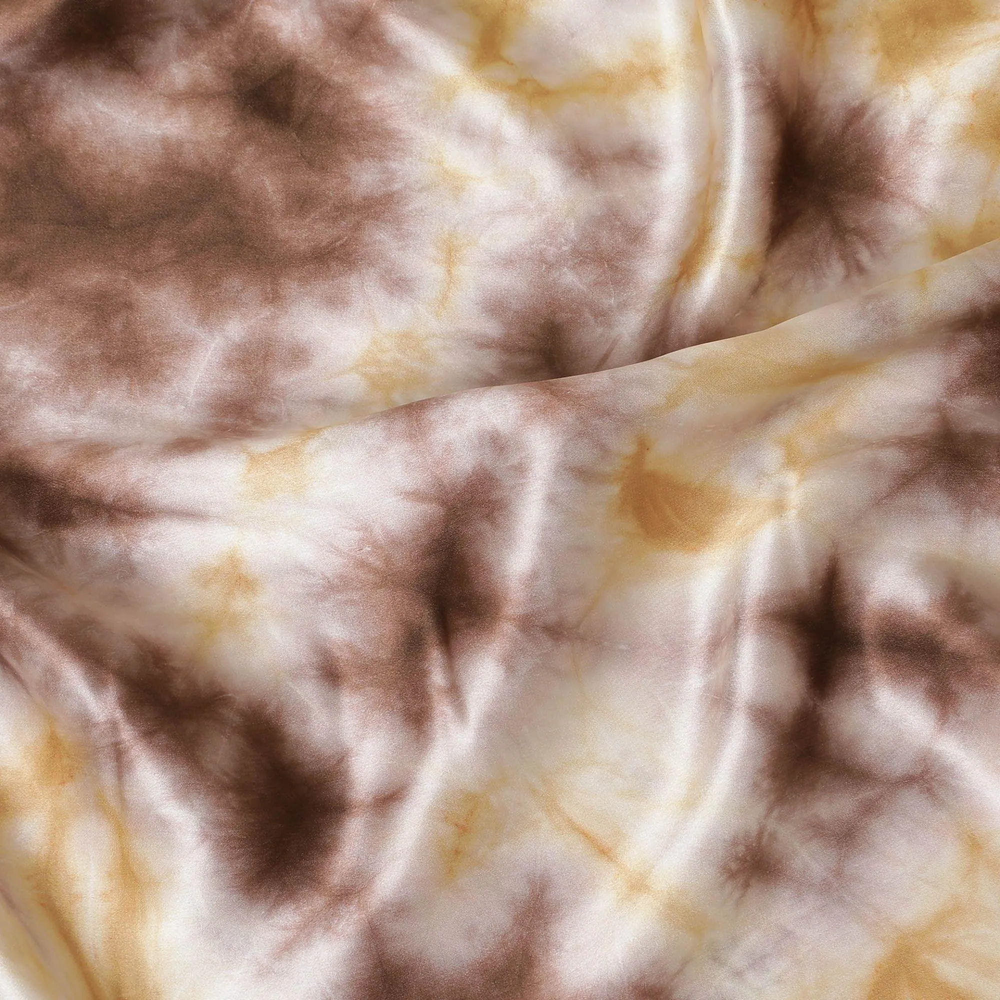 Sand beige premium pure silk satin fabric having tie and die print in abstract design-D10374