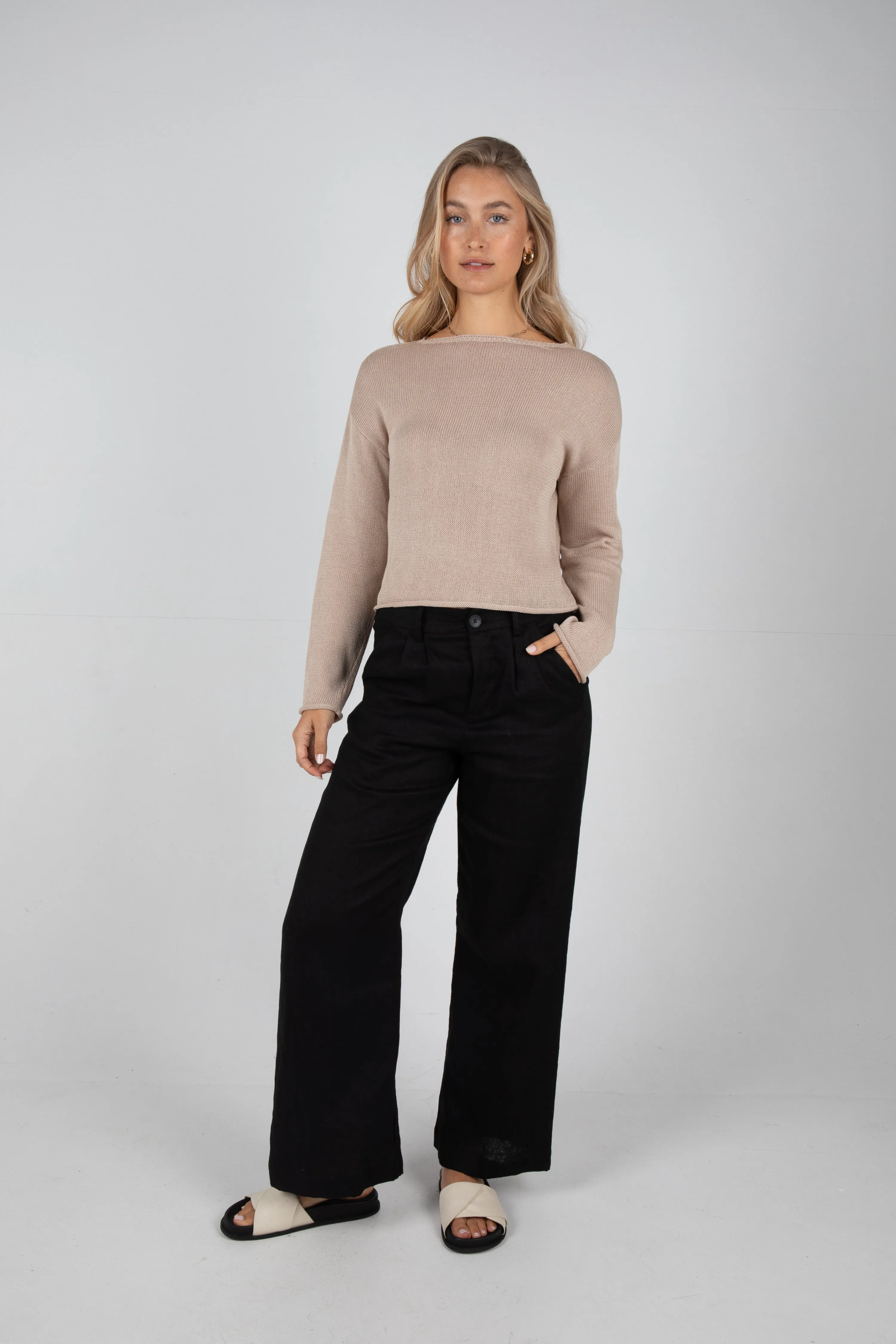 SAWYER WIDE LEG LINEN PANT - BLACK