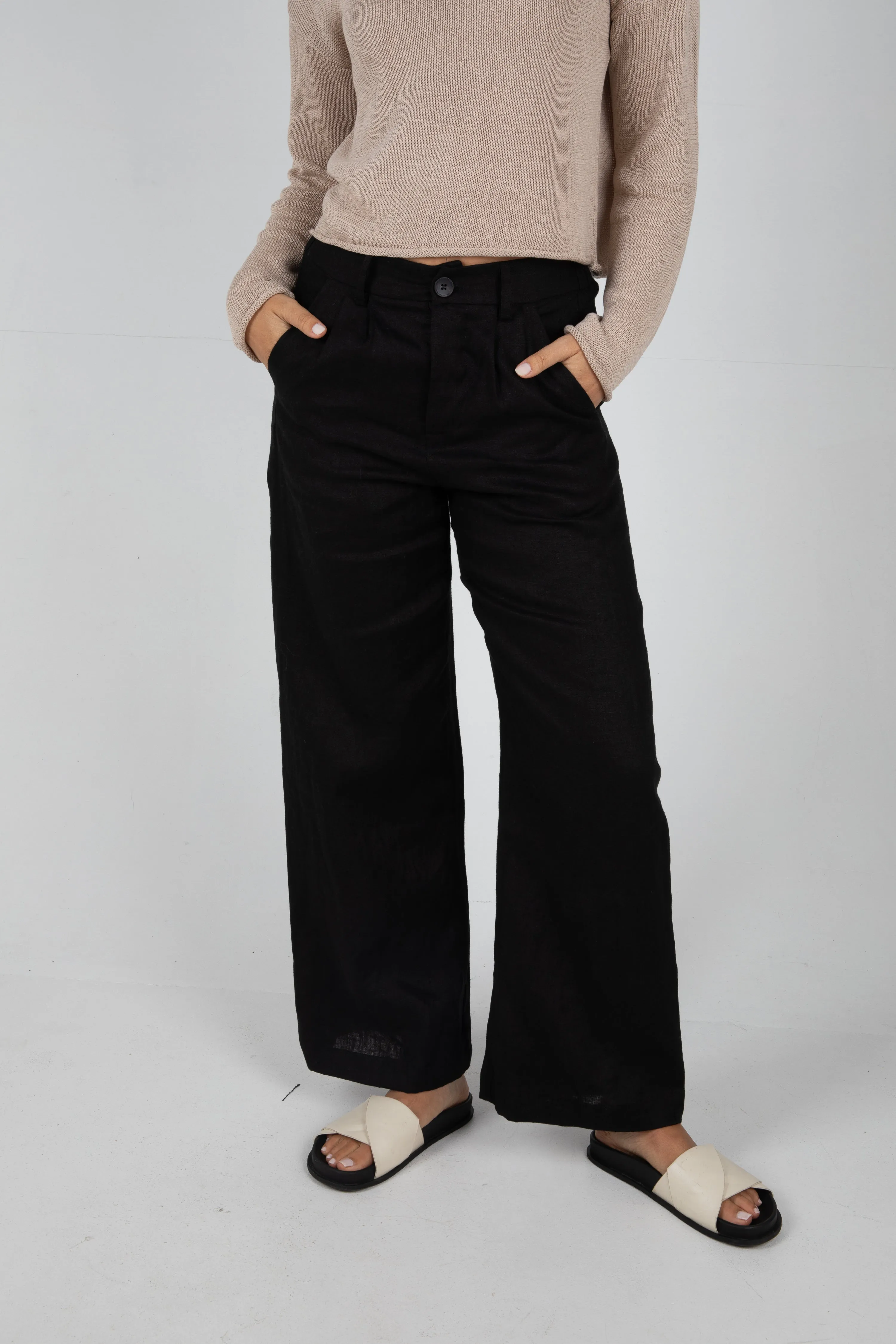 SAWYER WIDE LEG LINEN PANT - BLACK