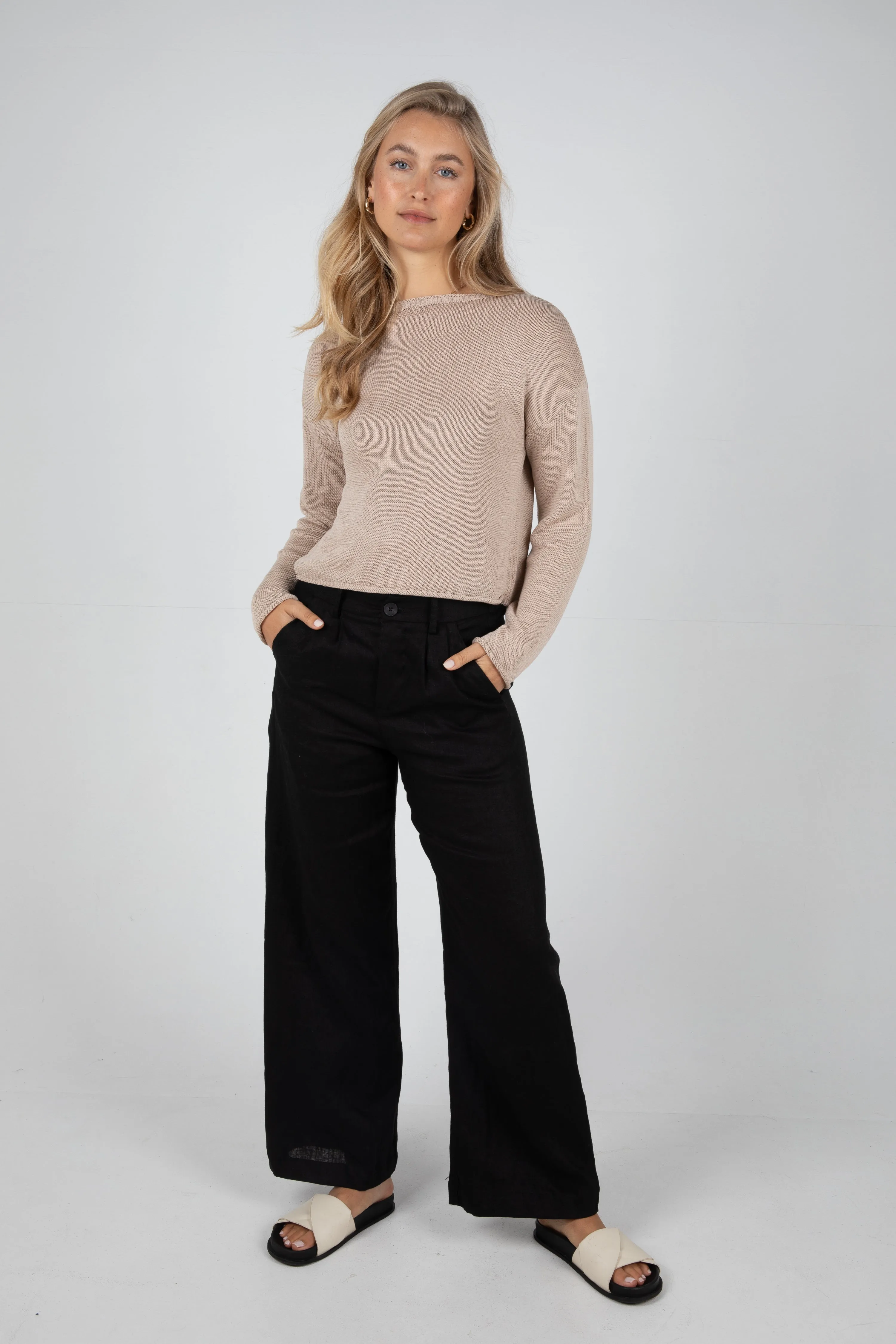 SAWYER WIDE LEG LINEN PANT - BLACK