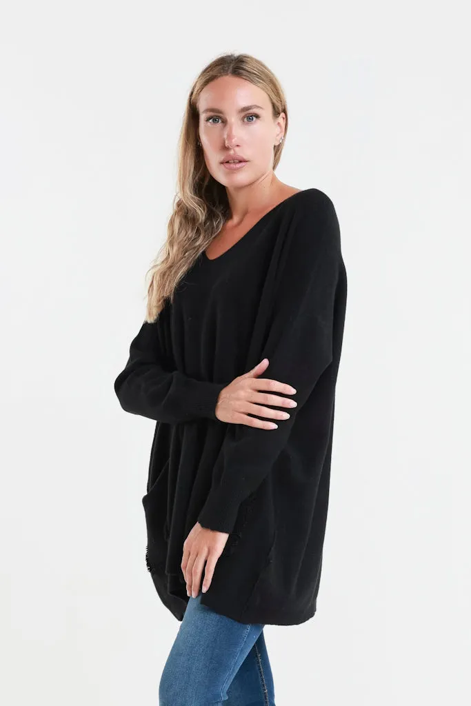 Shannon LS Oversize Fringe Pocket Sweater (BLS433)