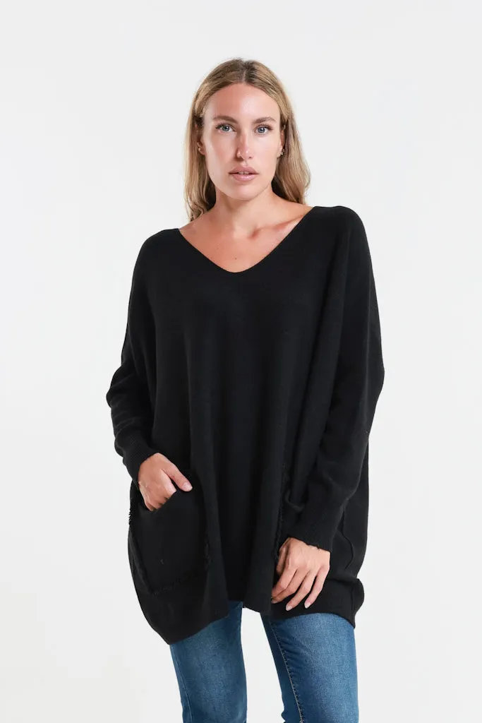 Shannon LS Oversize Fringe Pocket Sweater (BLS433)