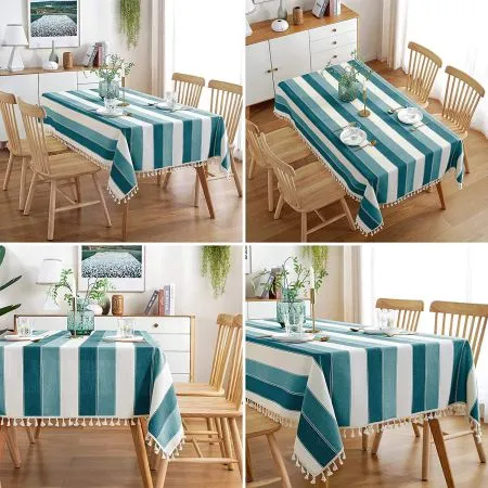 Sicilia : Anti Skid & Water resistant Linen textured table cloth for dining table, table cover for center table  -Vertical Green