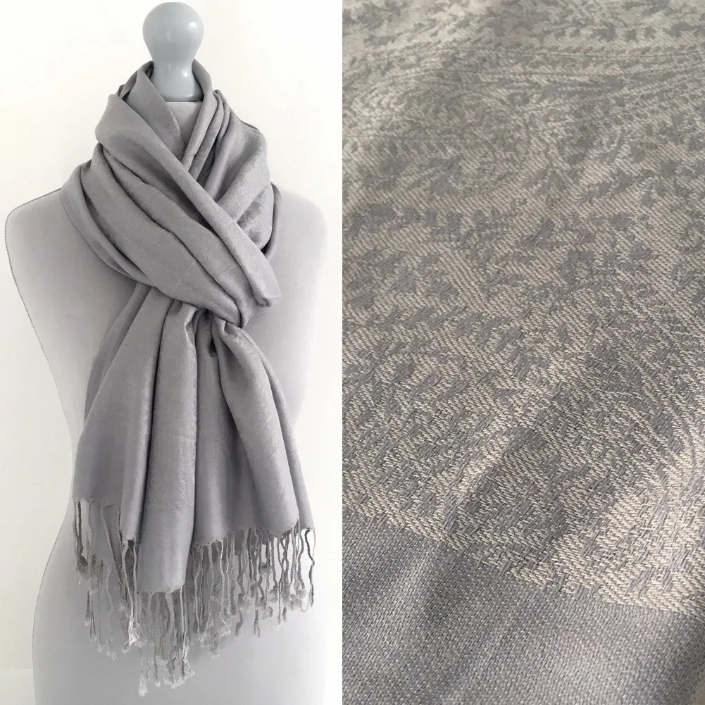 SILVER GREY PAISLEY PRINT REVERSIBLE PASHMINA SHAWL SCARF