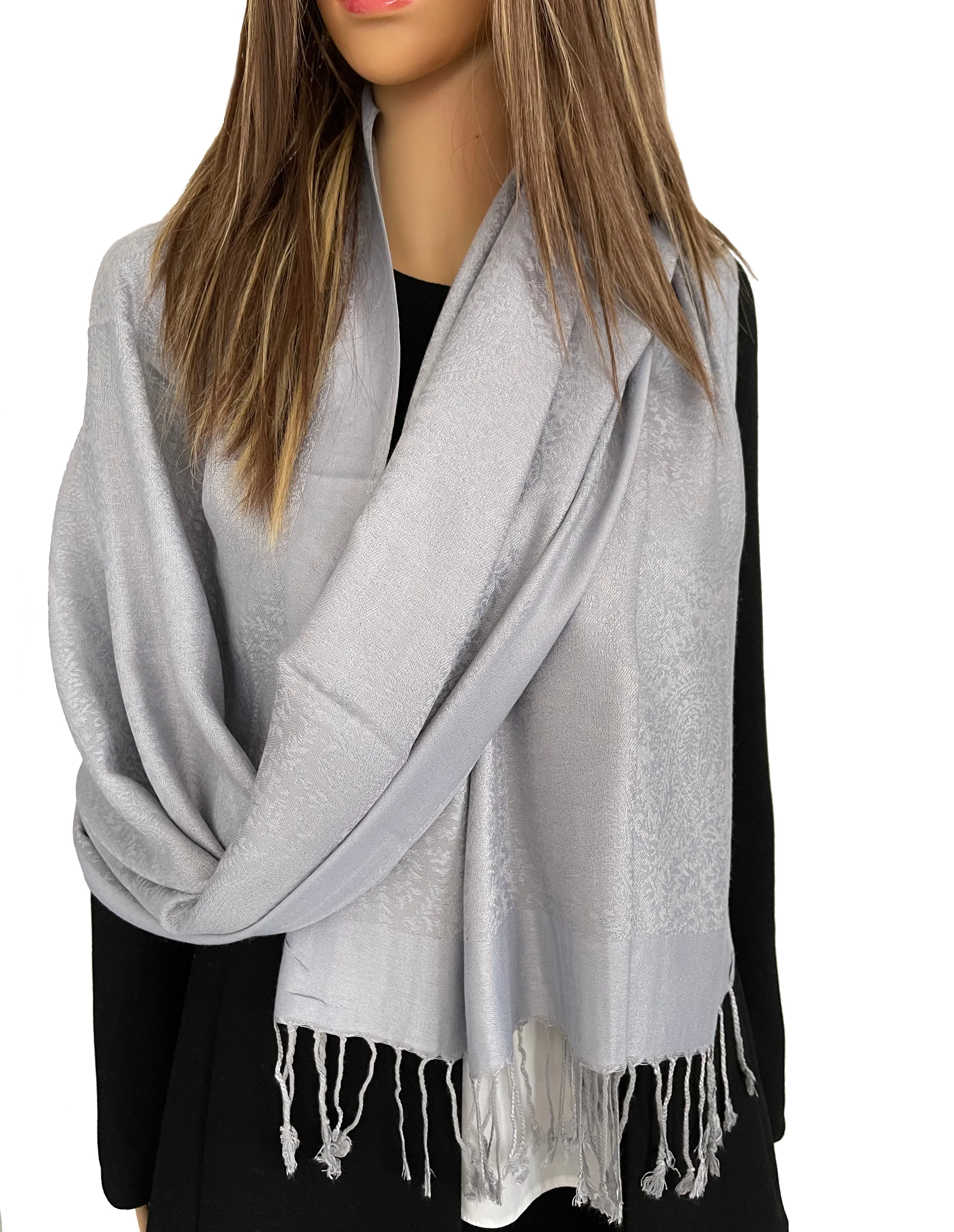 SILVER GREY PAISLEY PRINT REVERSIBLE PASHMINA SHAWL SCARF