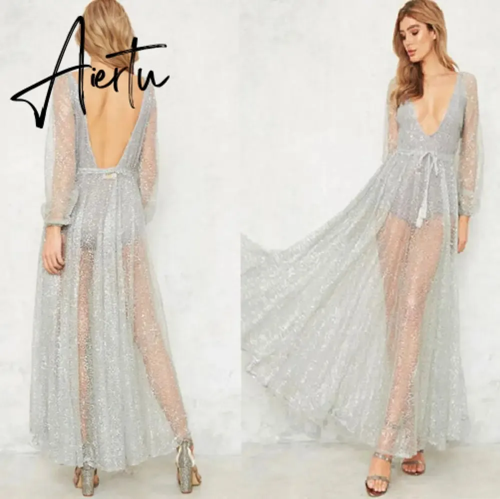 Silver Sexy Party Dress Hot Sequined Dress Women Mesh Overlay Maxi Dress Summer Backless Long Sleeve V-neck Dress Vestidos