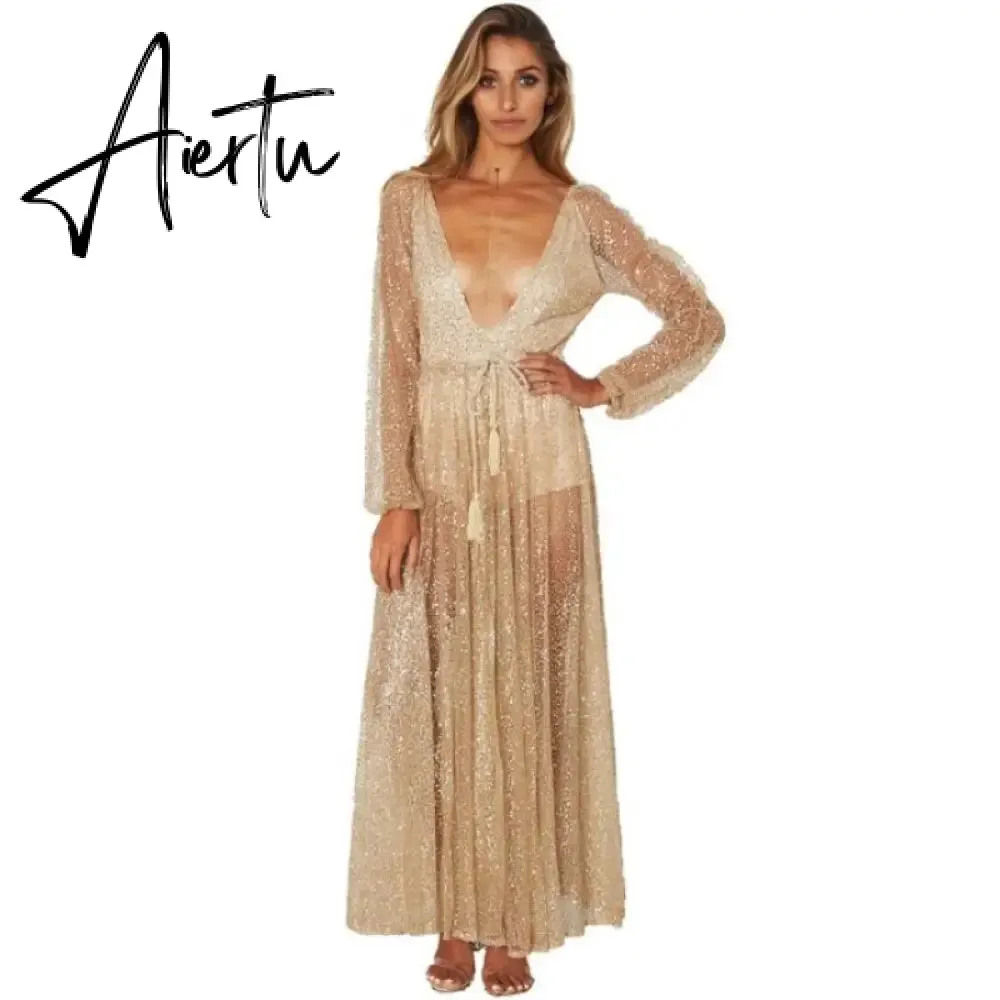 Silver Sexy Party Dress Hot Sequined Dress Women Mesh Overlay Maxi Dress Summer Backless Long Sleeve V-neck Dress Vestidos