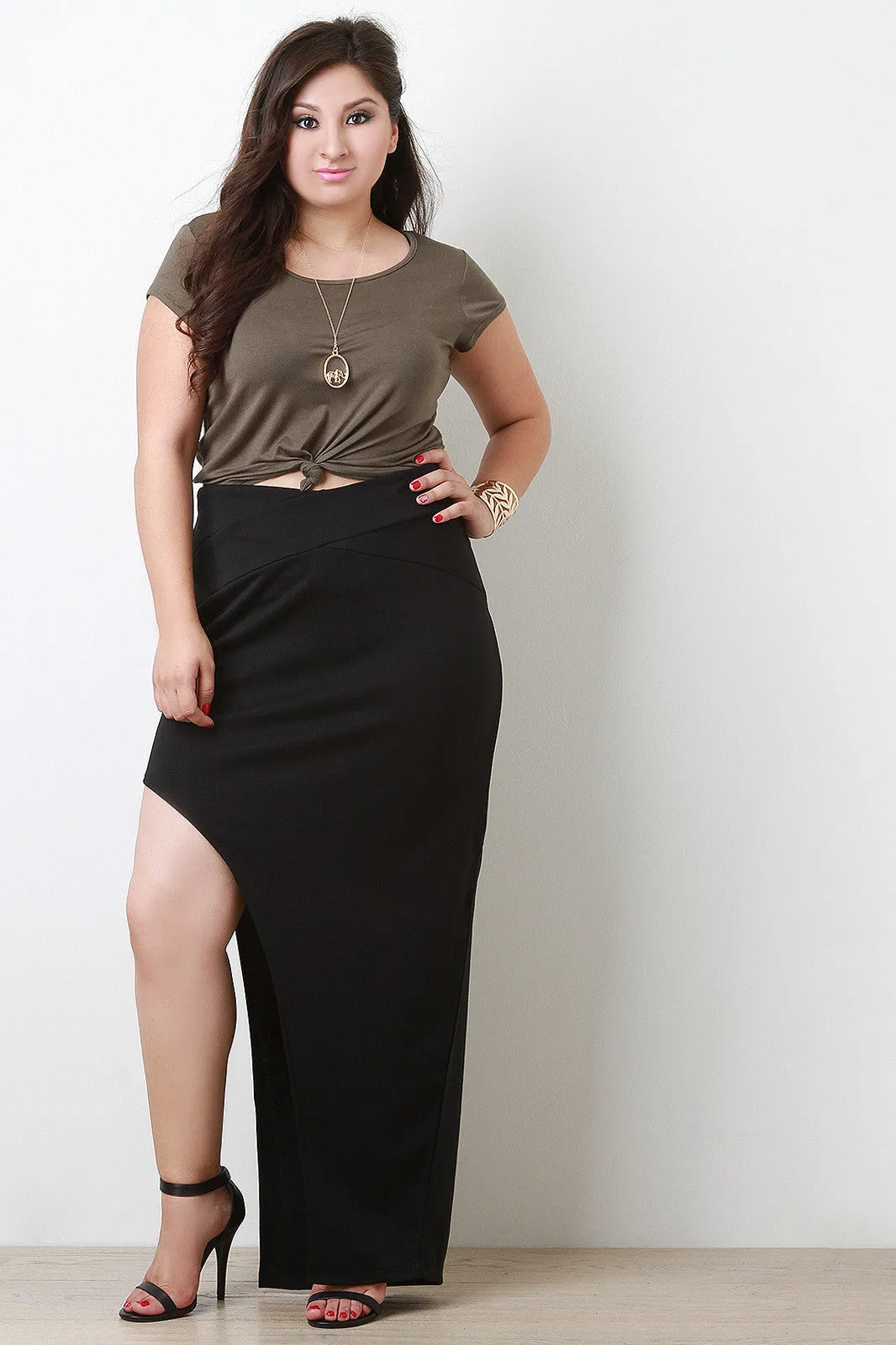 Slanted Slit Zipper Maxi Skirt