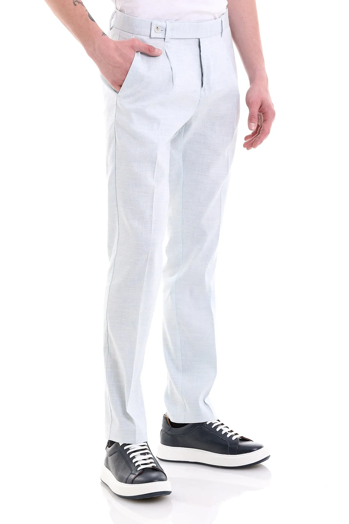 Slim Fit Ice Blue High Waist Linen Dress Pants