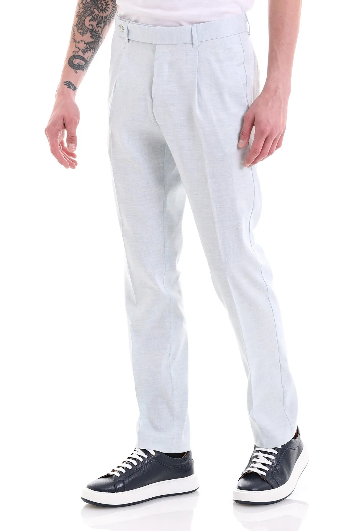 Slim Fit Ice Blue High Waist Linen Dress Pants