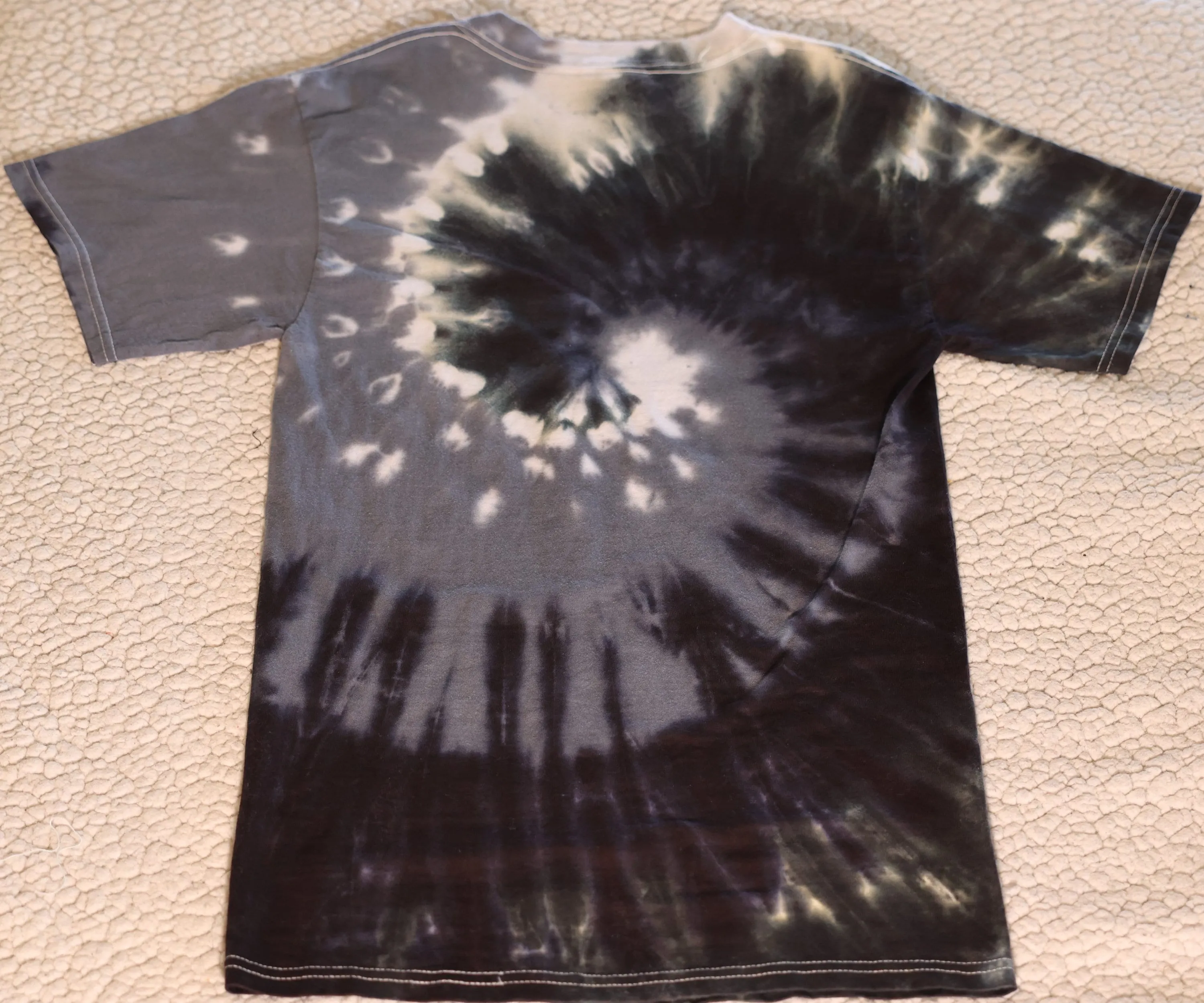 Small Black/Greys/White Spiral Tie Dye on a Premium Hanes Beefy Ringspun Cotton T-Shirt