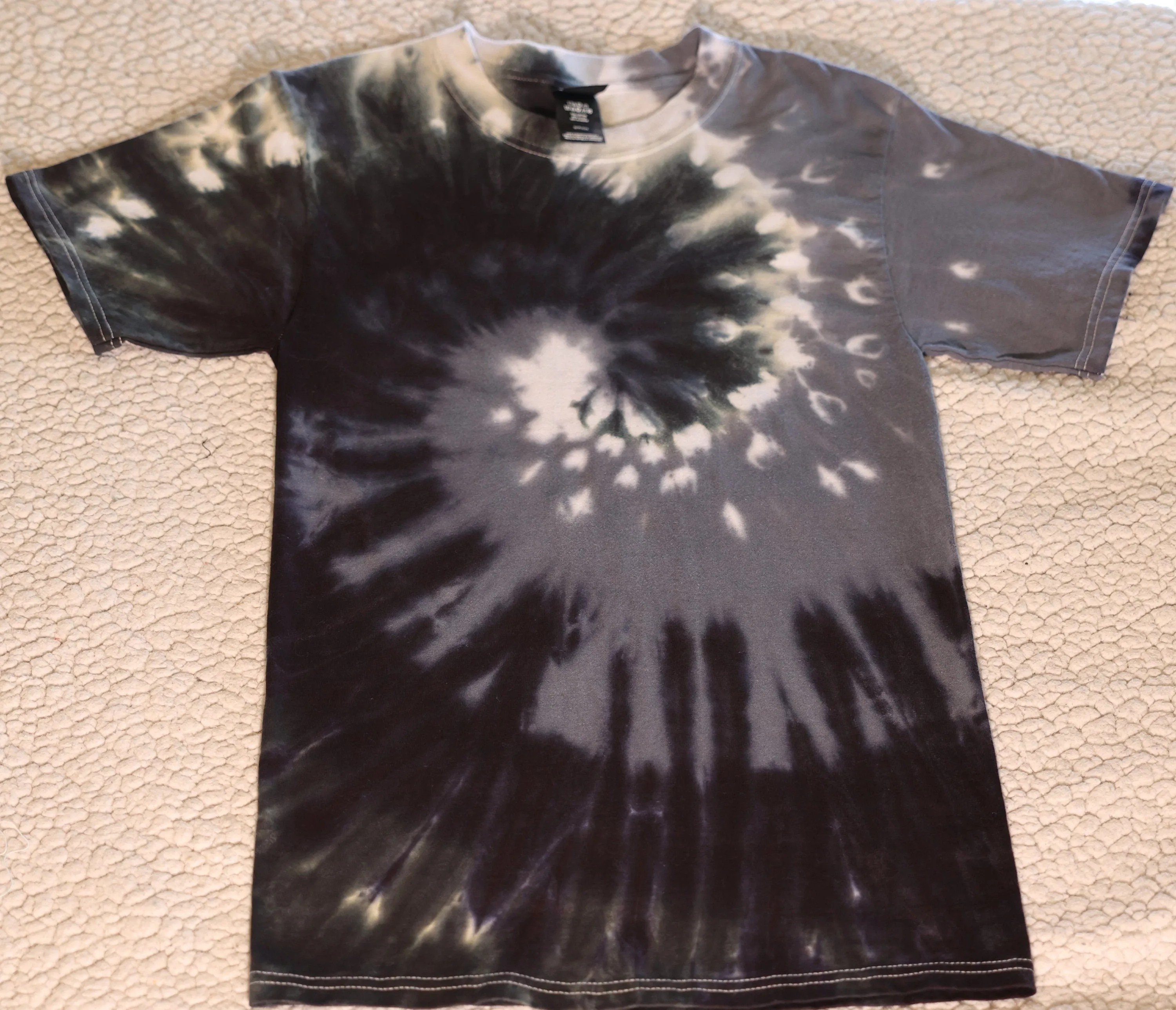 Small Black/Greys/White Spiral Tie Dye on a Premium Hanes Beefy Ringspun Cotton T-Shirt