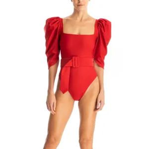 Solid Swimsuit With Voluminous Sleeves & Belt in Red