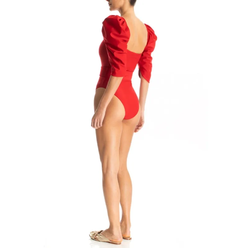 Solid Swimsuit With Voluminous Sleeves & Belt in Red