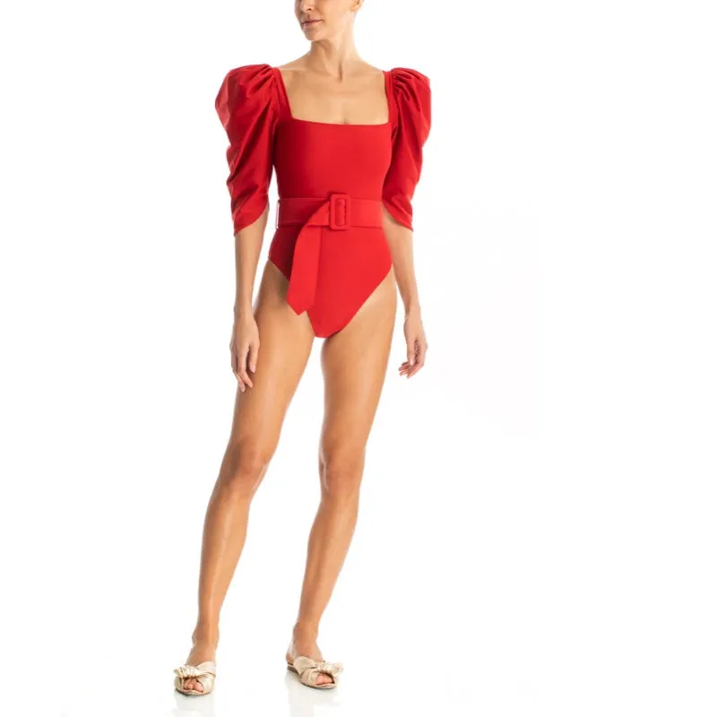 Solid Swimsuit With Voluminous Sleeves & Belt in Red