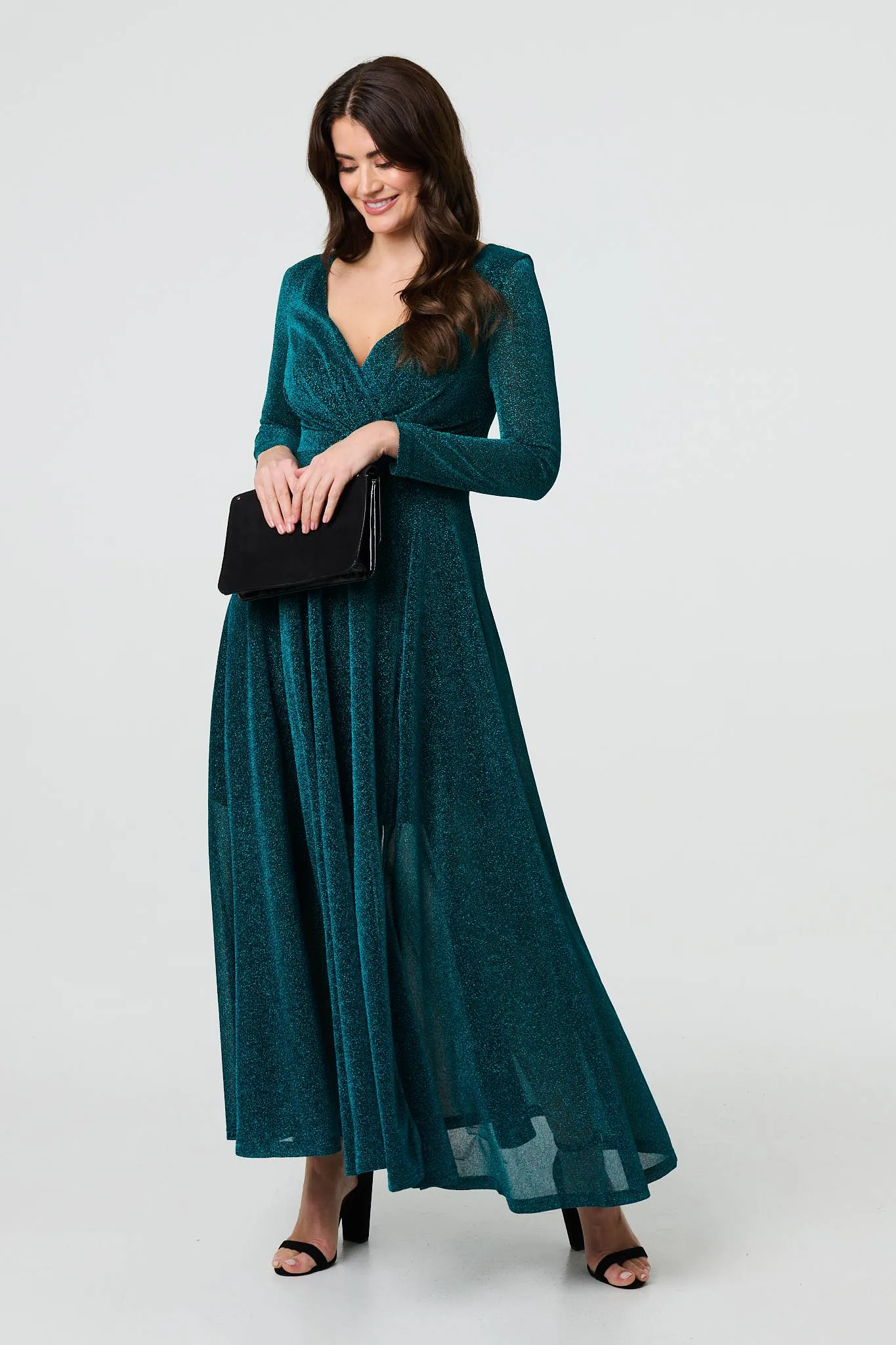 Sparkly V-Neck Long Sleeve Maxi Dress