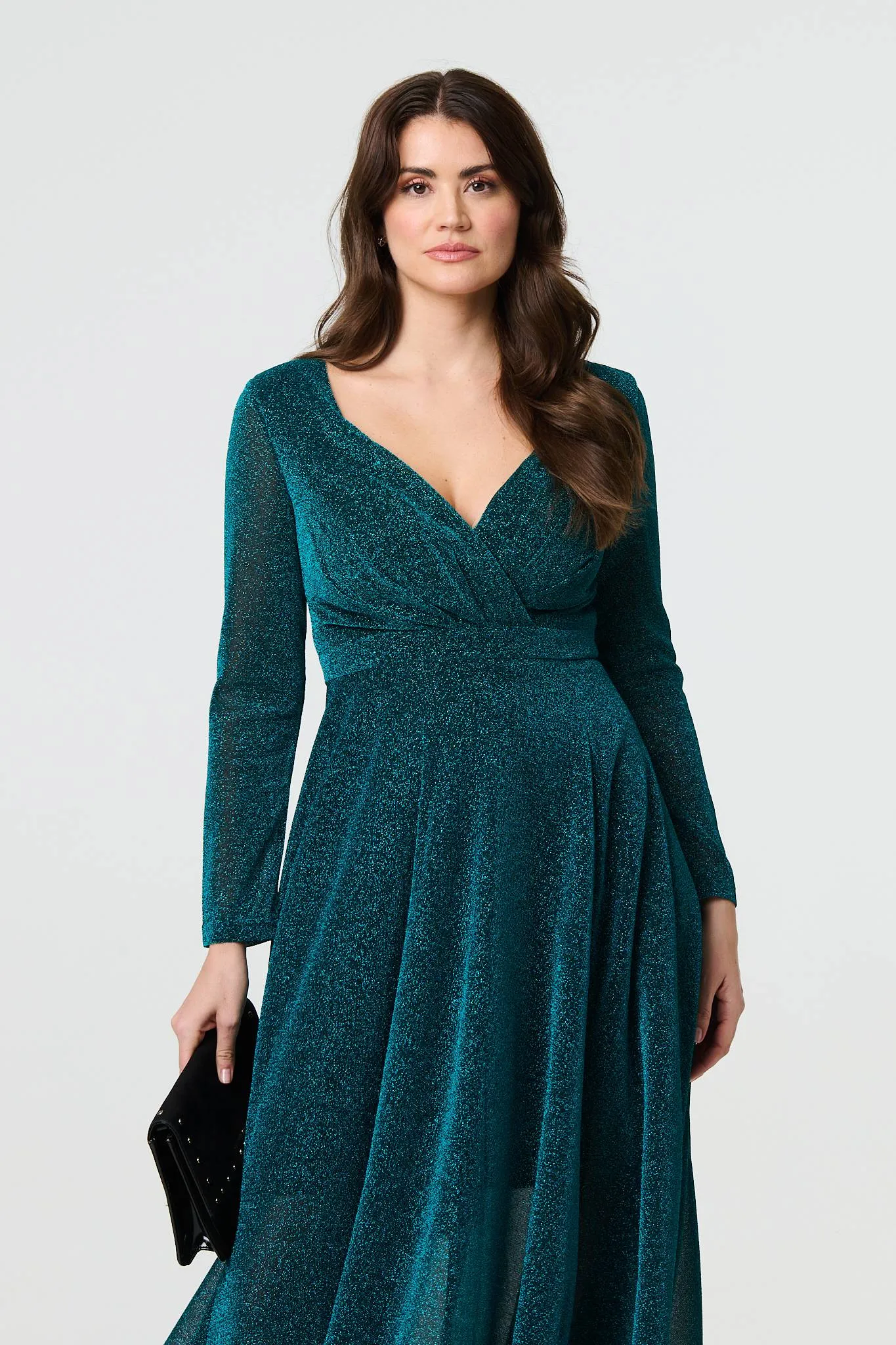 Sparkly V-Neck Long Sleeve Maxi Dress