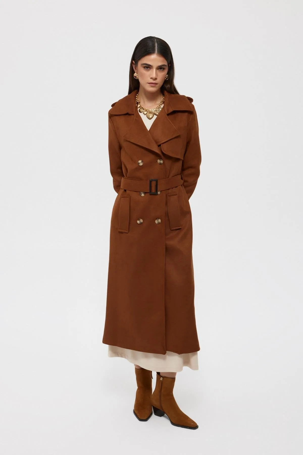 Taba Suede Belted Buttoned Long Coat