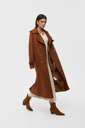 Taba Suede Belted Buttoned Long Coat