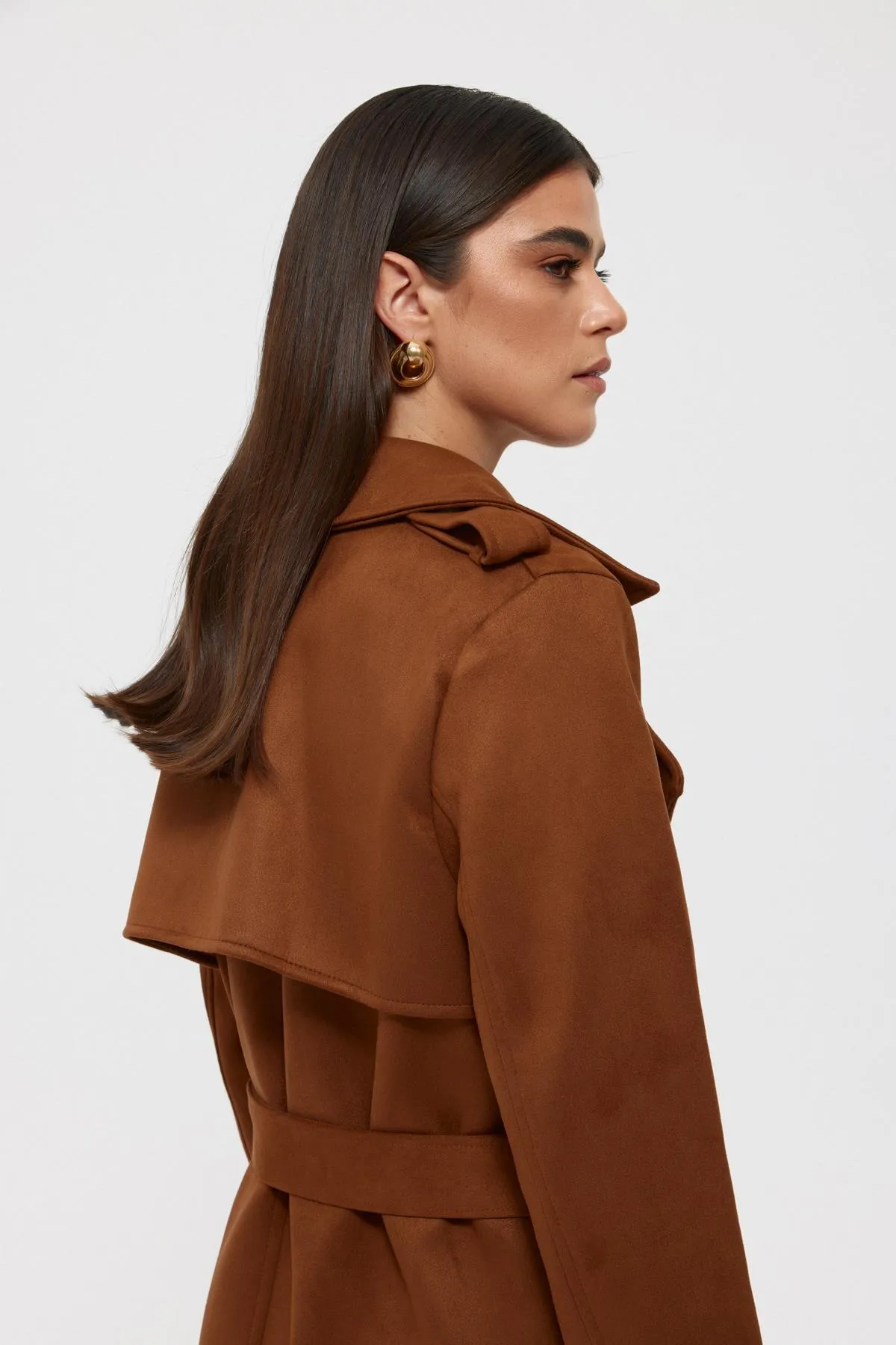 Taba Suede Belted Buttoned Long Coat