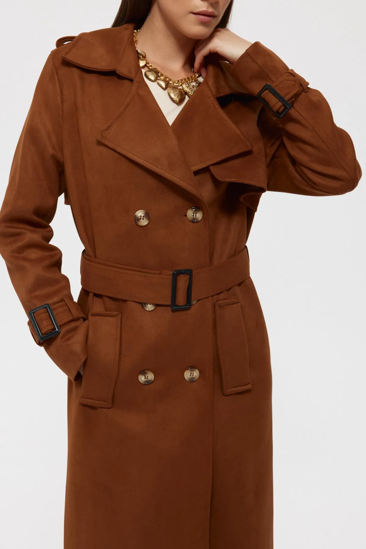 Taba Suede Belted Buttoned Long Coat