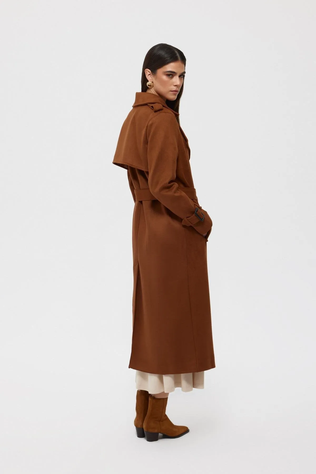 Taba Suede Belted Buttoned Long Coat