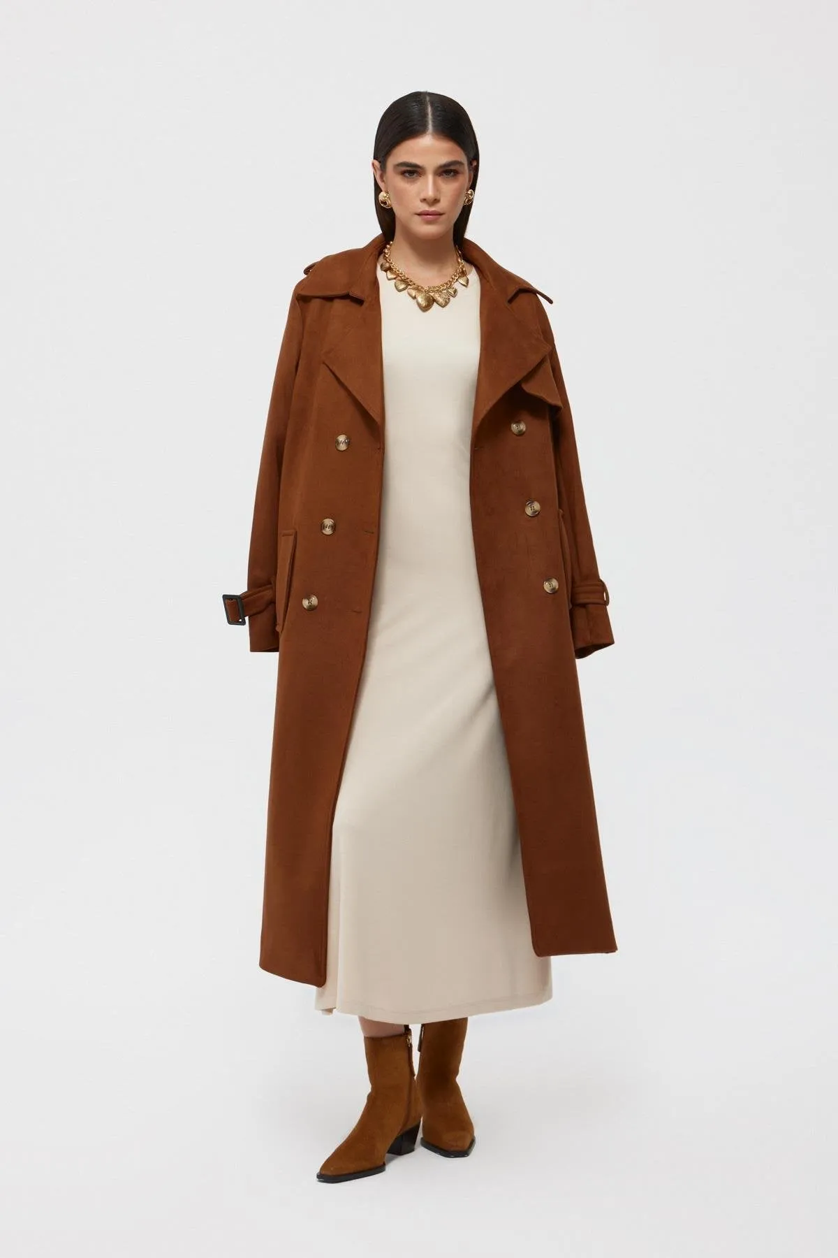 Taba Suede Belted Buttoned Long Coat