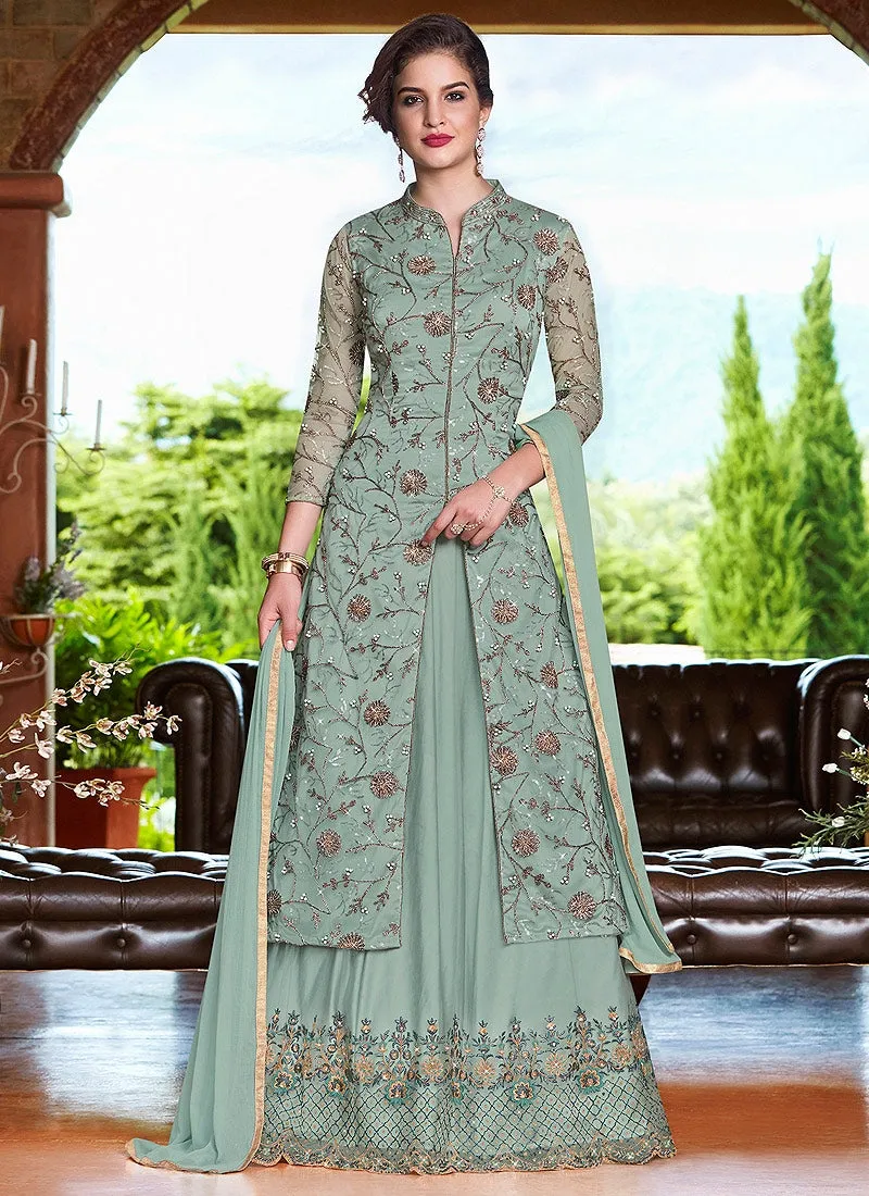 Teal Overall Designer Embroidered Lehenga Kurti Set