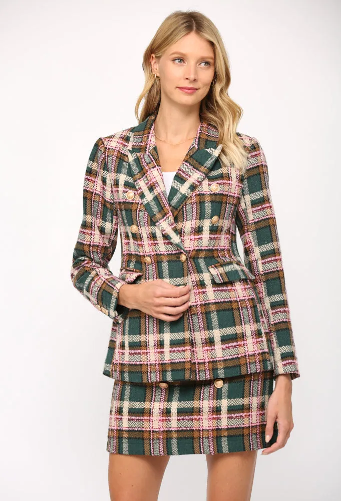 Textured Plaid Double Breasted Blazer