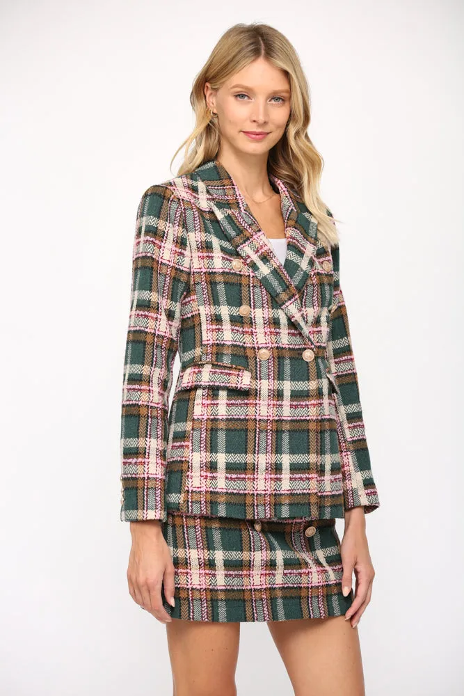 Textured Plaid Double Breasted Blazer