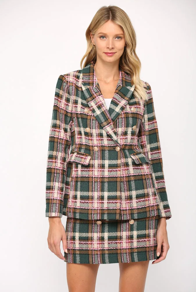 Textured Plaid Double Breasted Blazer