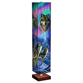 The Bradford Exchange Aurora Borealis Floor Lamp With Wolf Art On 4-Sided Wrinkle-Resistant Fabric Shade 5-Foot High Design with Dynamic Color-Changing Light Bulbs by James Meger 60" H x 11.5" Square Base