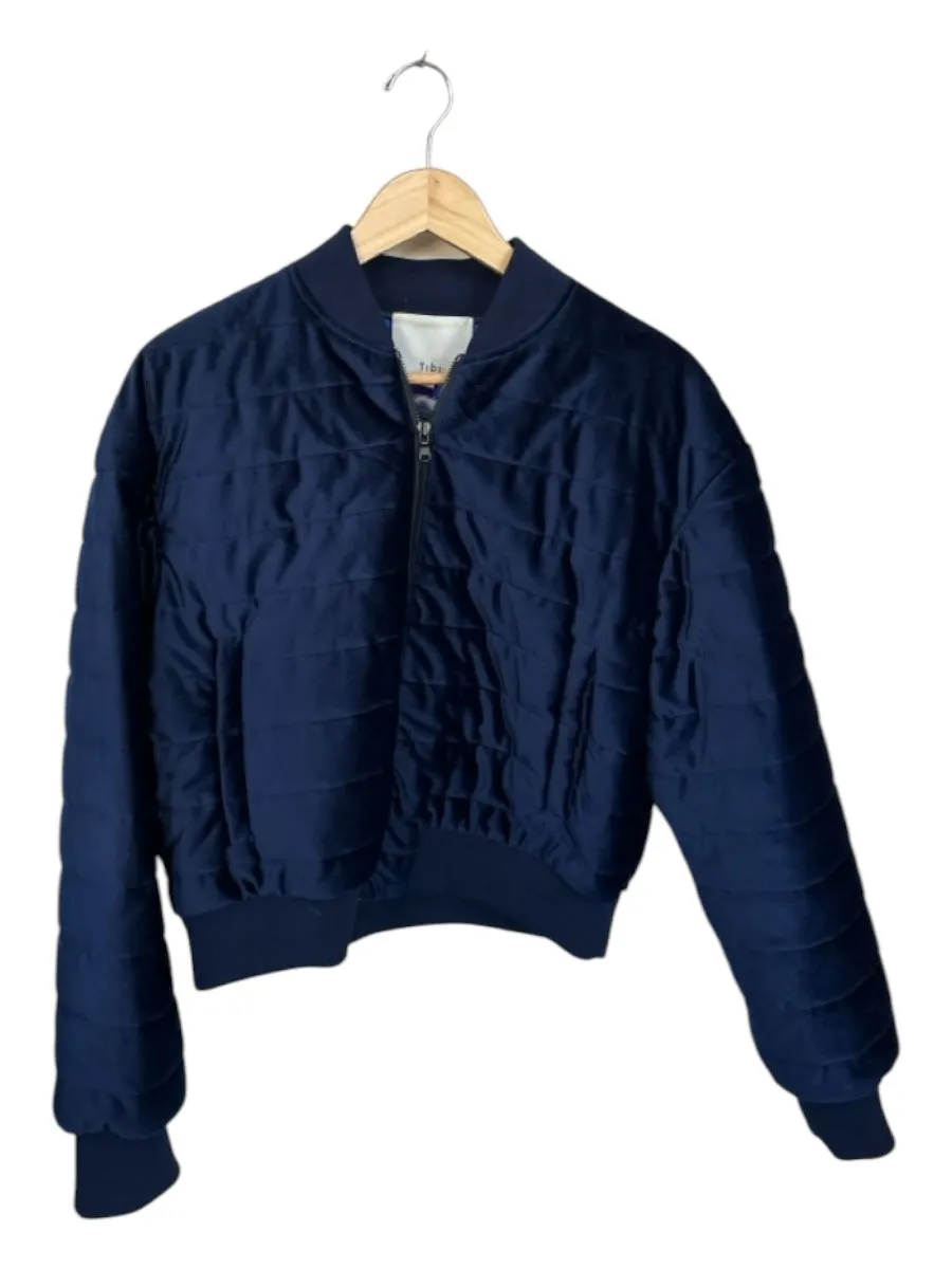 Tibi Size M Navy Velvet Quilted Full ZIp Bomber Jacket