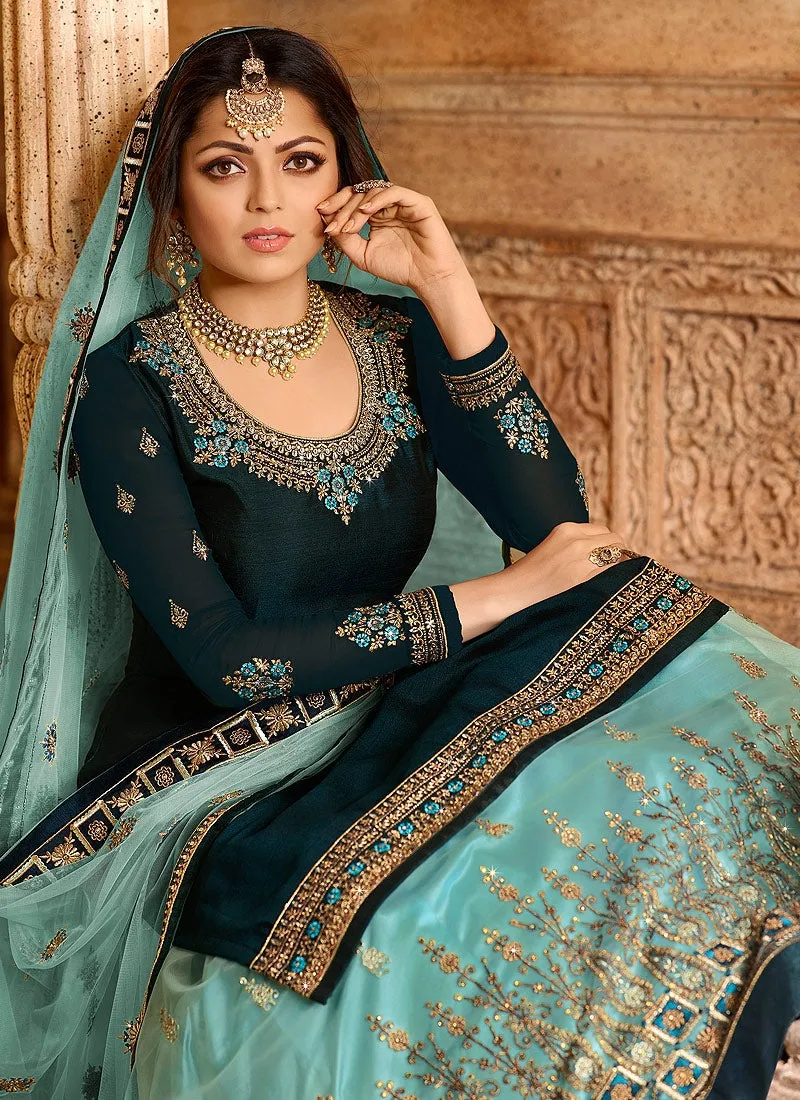 Turquoise Blue Two Tone Dual Bottom Lehenga/Pant Kurti Set