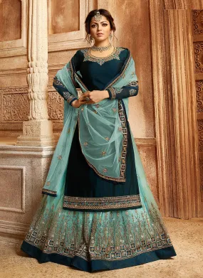 Turquoise Blue Two Tone Dual Bottom Lehenga/Pant Kurti Set