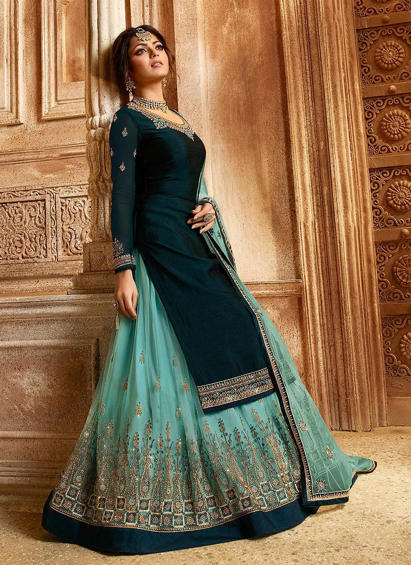 Turquoise Blue Two Tone Dual Bottom Lehenga/Pant Kurti Set