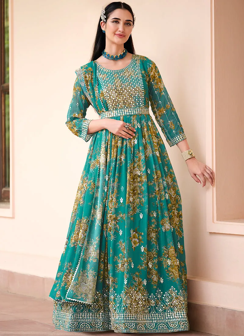 Turquoise Sequence Embroidery Floral Anarkali Suit