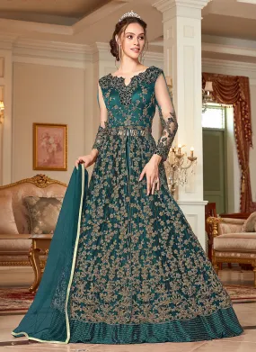 Turquoise Zari Embroidered Anarkali Lehenga Suit