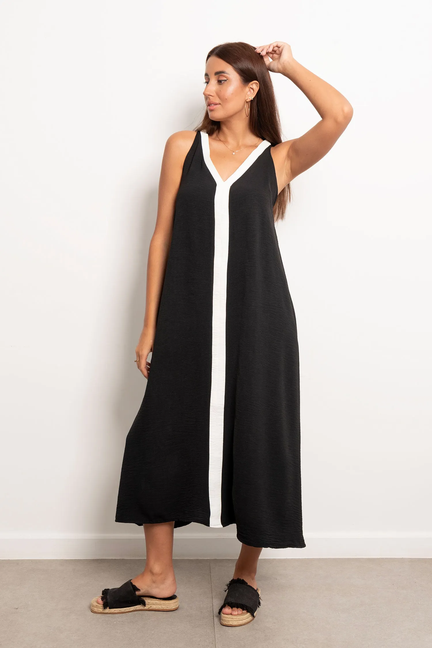 Two Tone V-neck Slip Maxi Dress - Leocansa