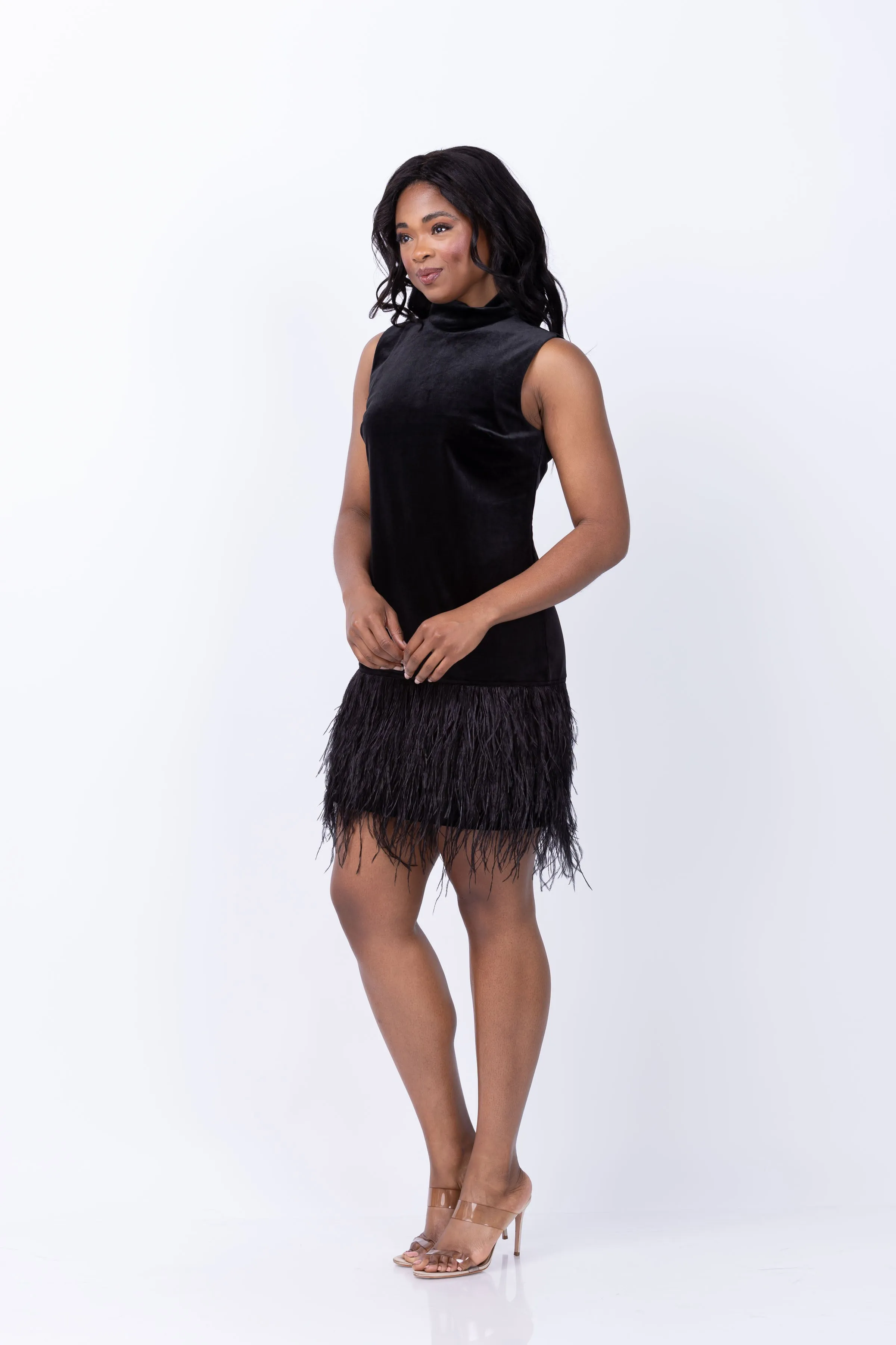 Tyler Boe Victoria Velvet Mock Neck with Feathers in Black