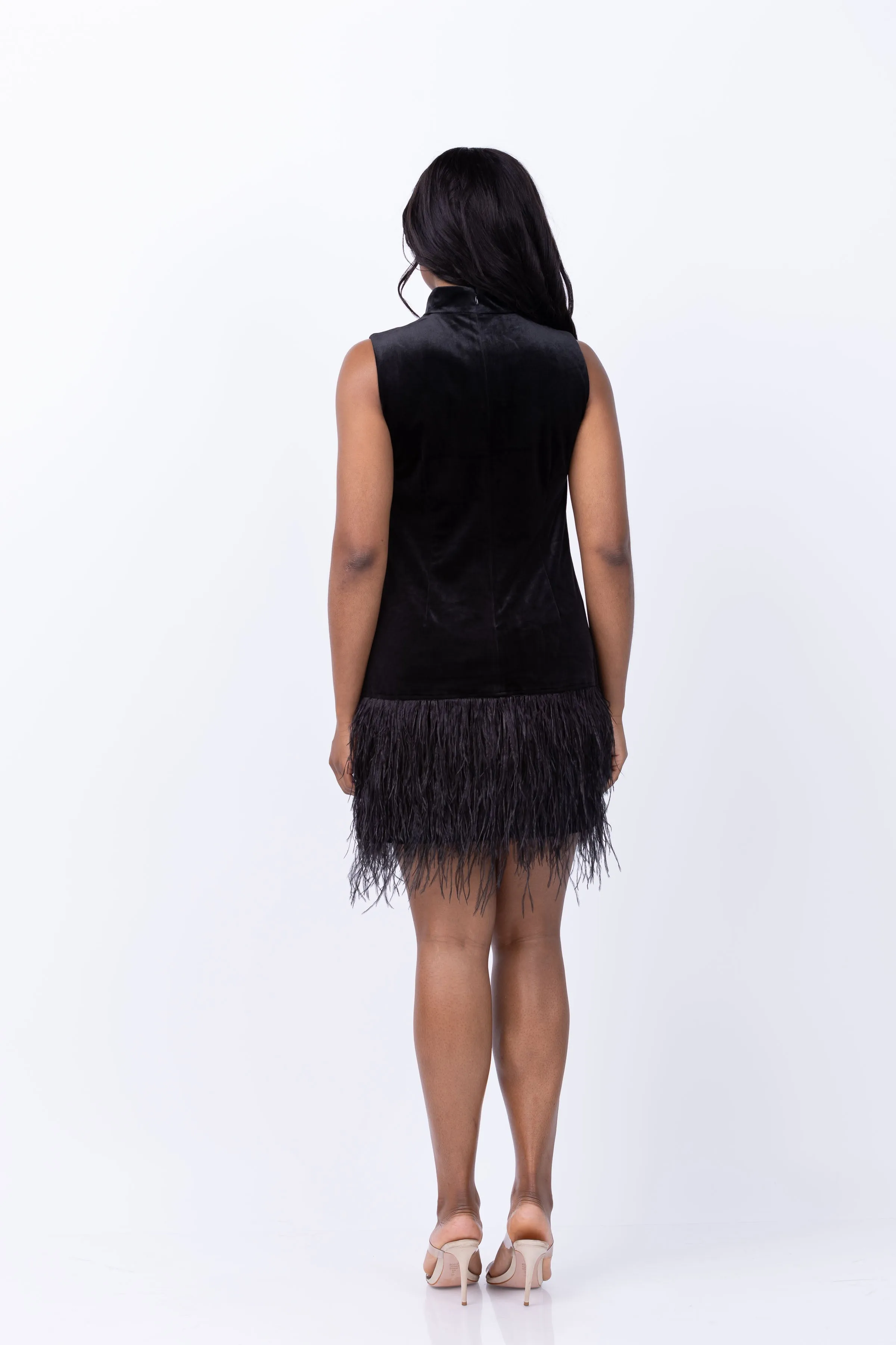 Tyler Boe Victoria Velvet Mock Neck with Feathers in Black