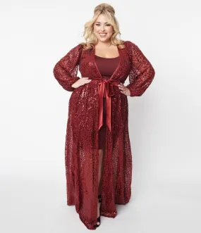 Unique Vintage 1970s Burgundy Spiderweb Sequin Hollywood Duster